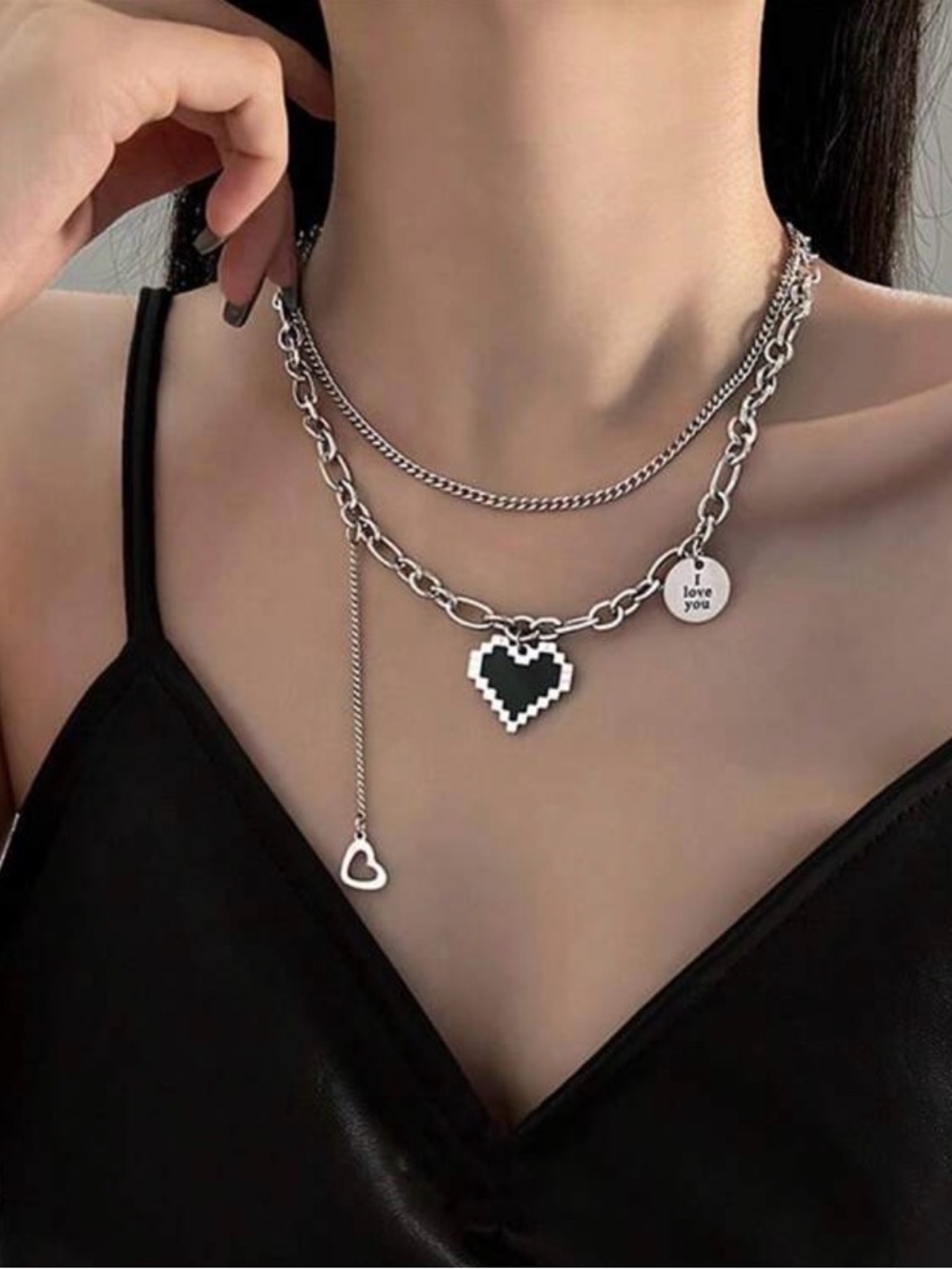Layered Silver Chain Necklace with Black Pixel Heart Charm